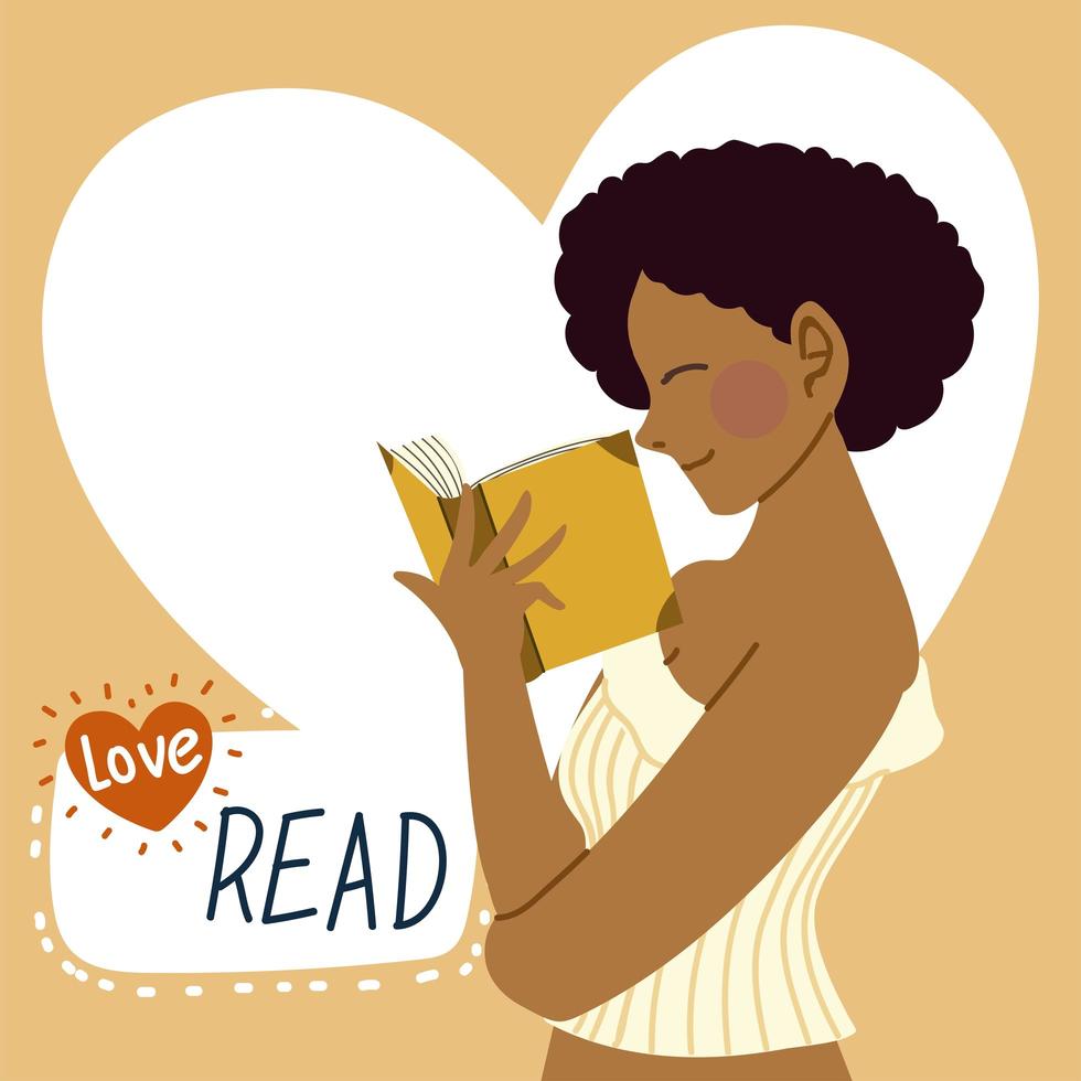 mujer afroamericana leyendo libro amor leer vector