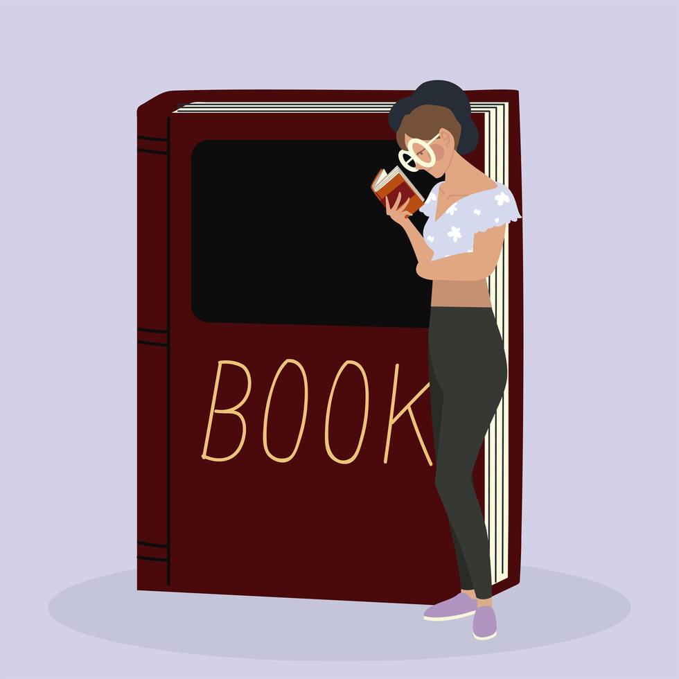 beauty woman with glasses reading a book standing with textbook vector