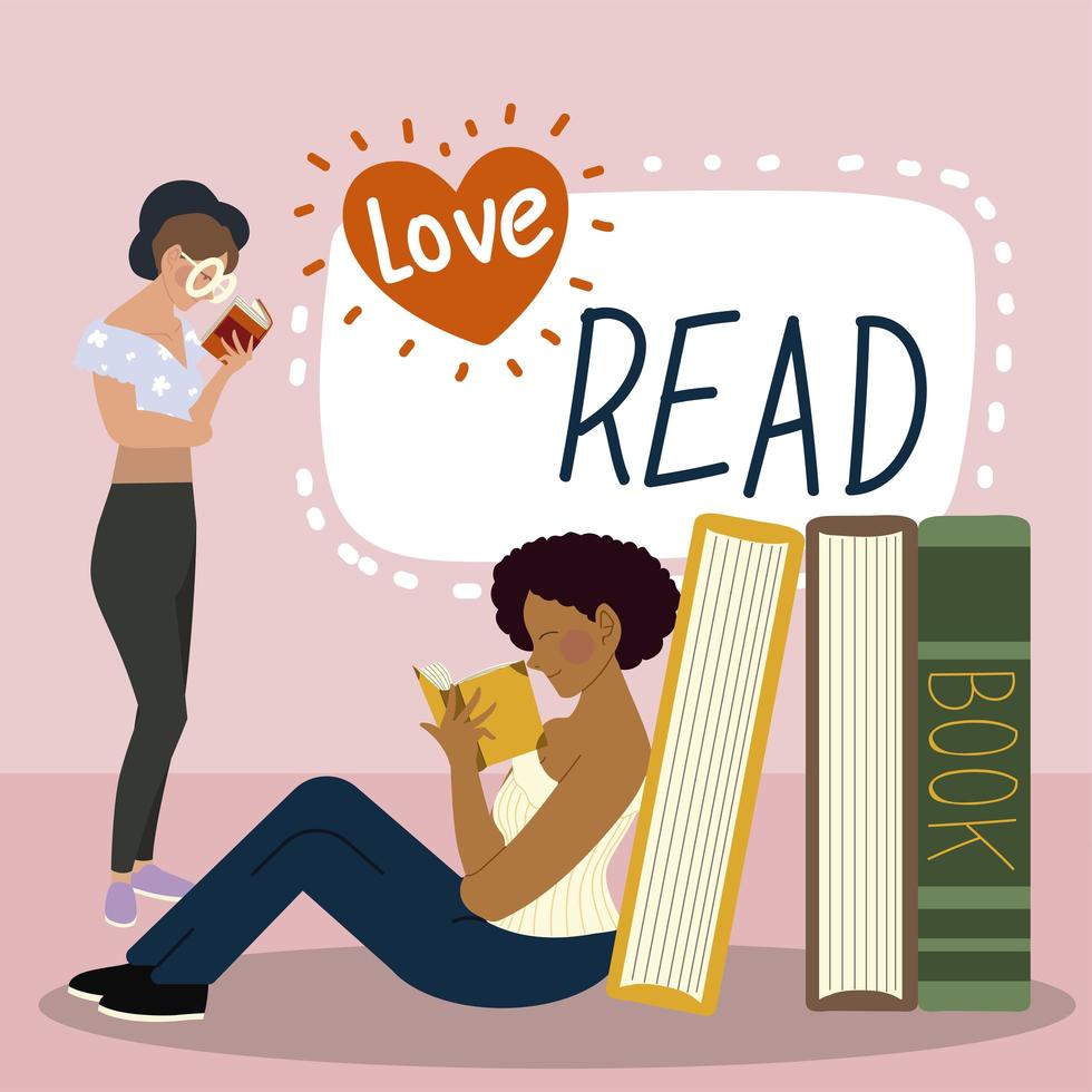 young women characters with books love read concept vector