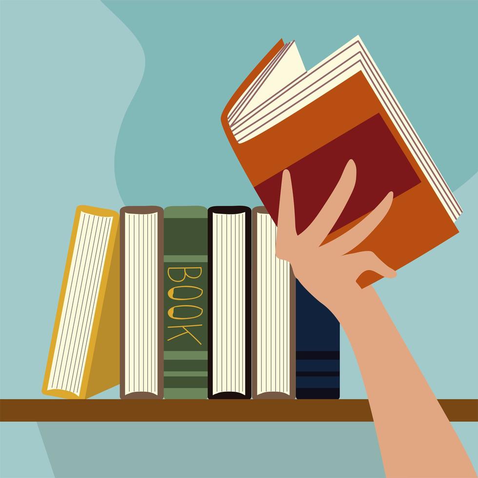 hand with open book and textbooks on wood shelf vector