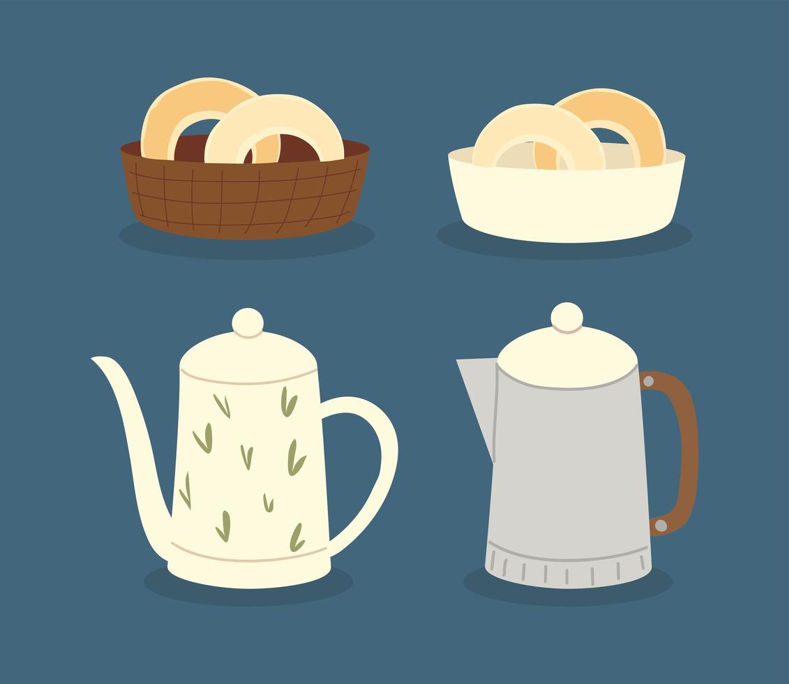 coffeeshop tetera donas desayuno conjunto de iconos vector