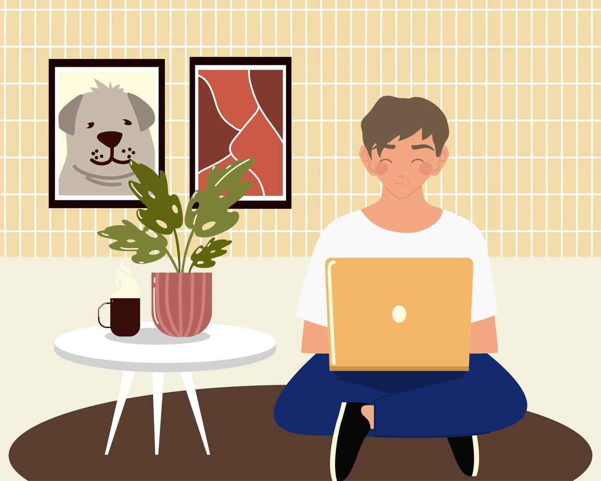 young man using laptop working sitting on the room floor work at home vector
