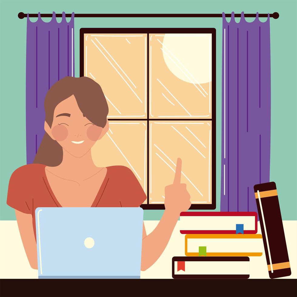 woman sitting at desk in room looking at computer screen work at home vector