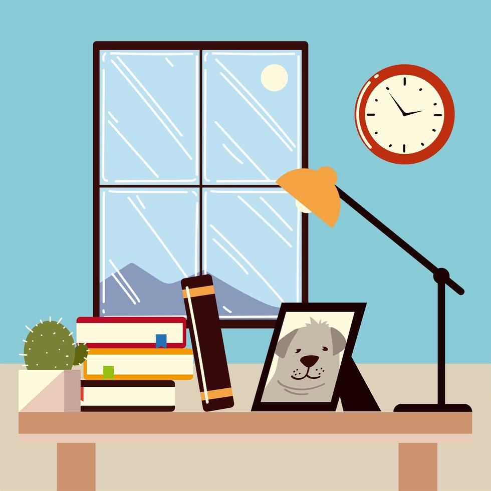 work at home office desk books lamp picture and cactus vector