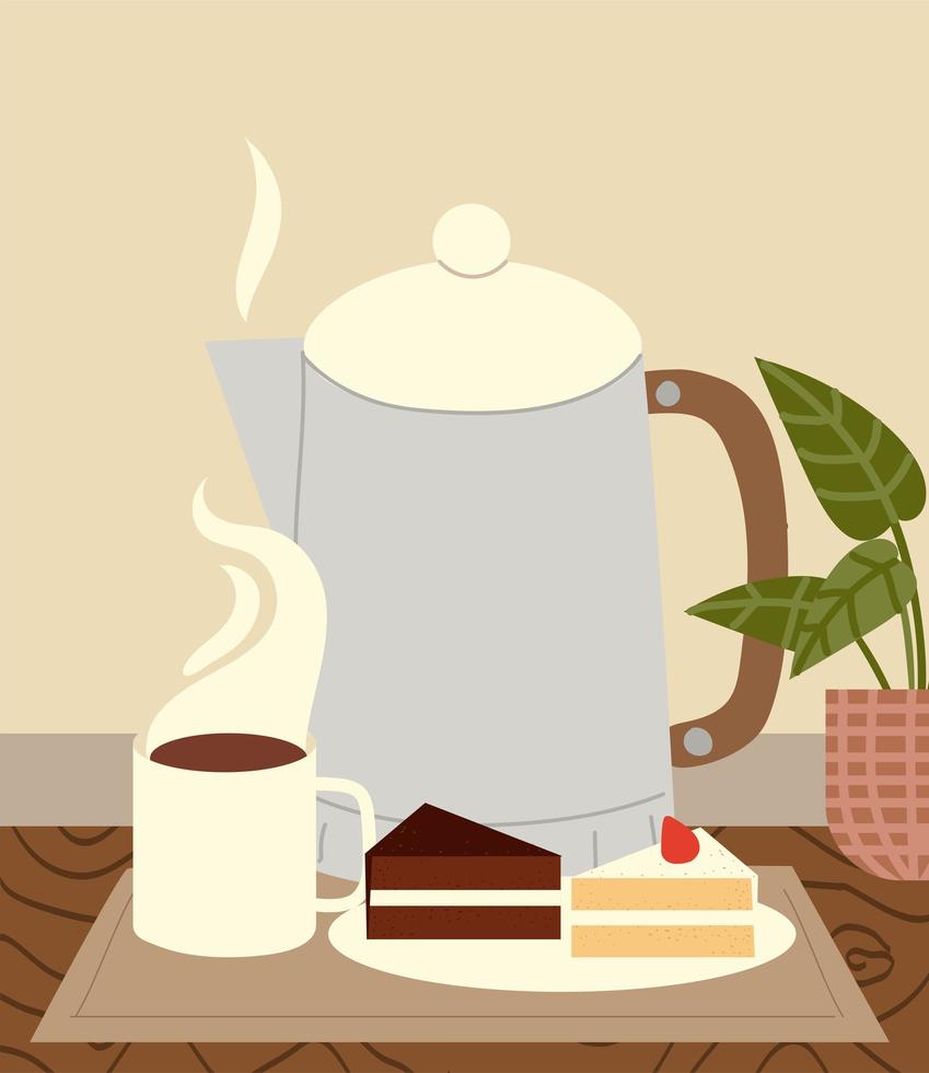 restaurant kettle coffee cup and cake dessert vector