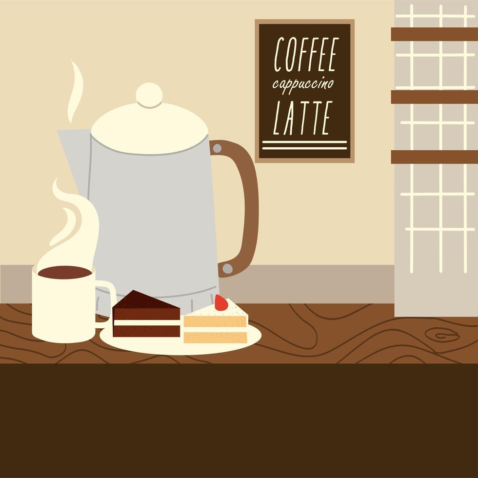 restaurant kettle coffee cup and slices cake dessert and pastry vector