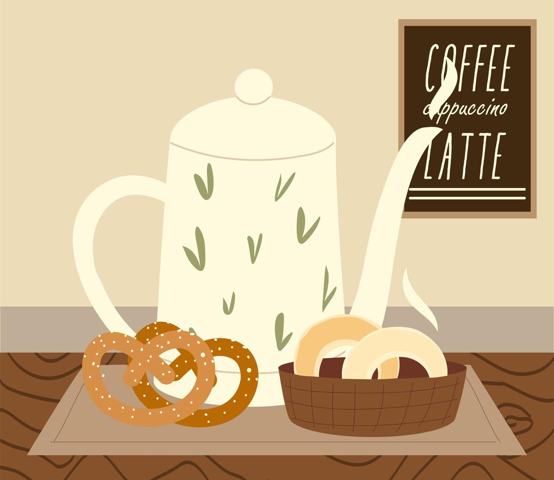 Taza de café tetera con pretzels y donas en bandeja vector