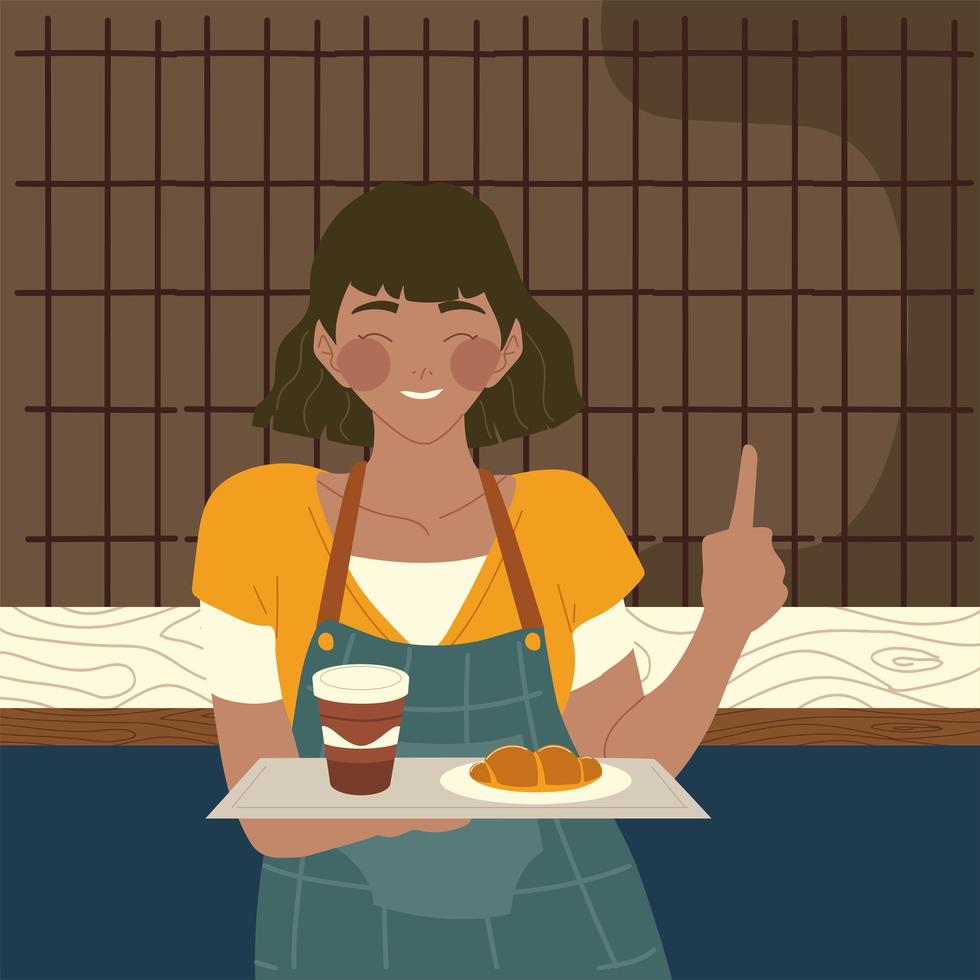 woman waitress holding a tray with bread and disposable cup vector