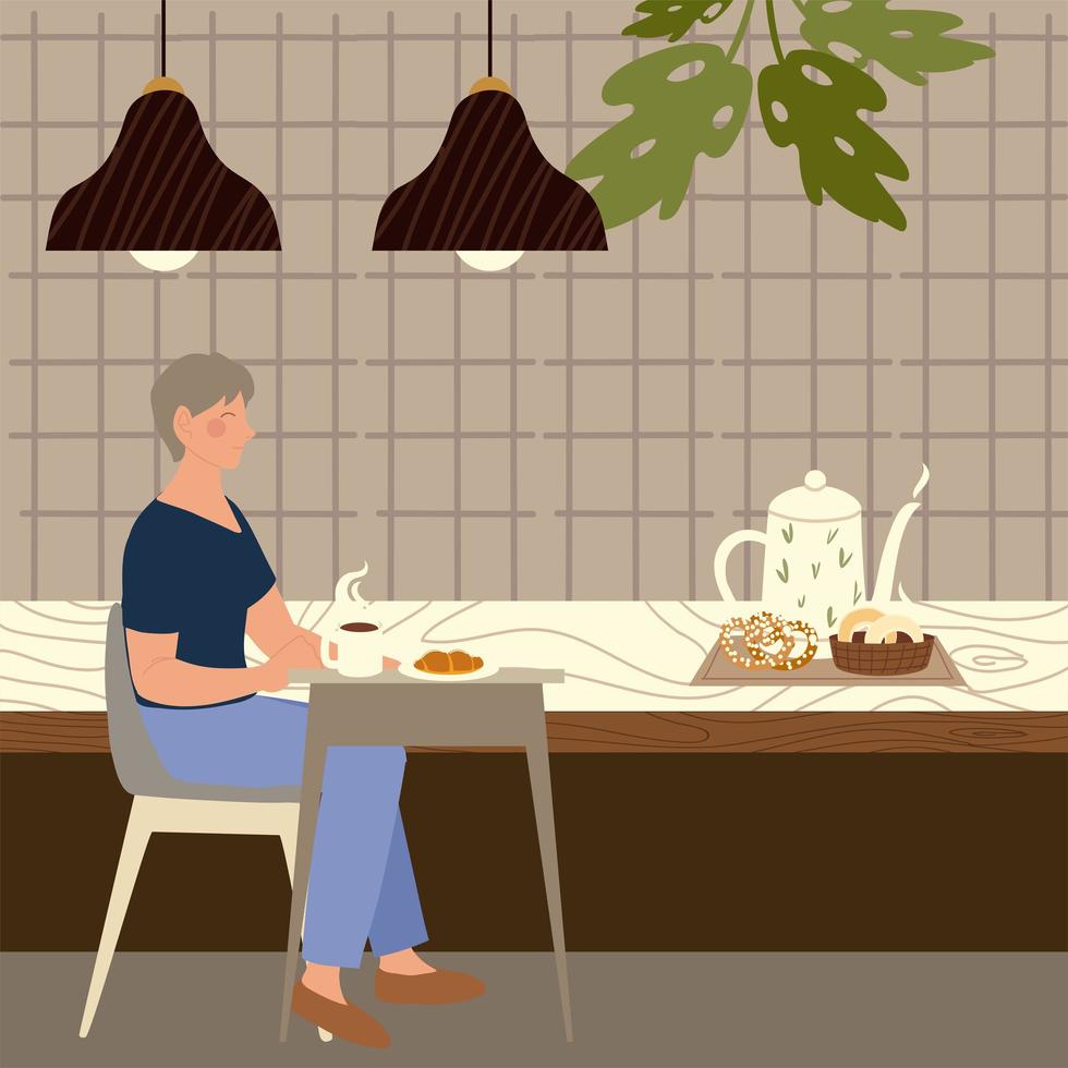 woman with coffee cup croissant sitting at table in coffee shop vector