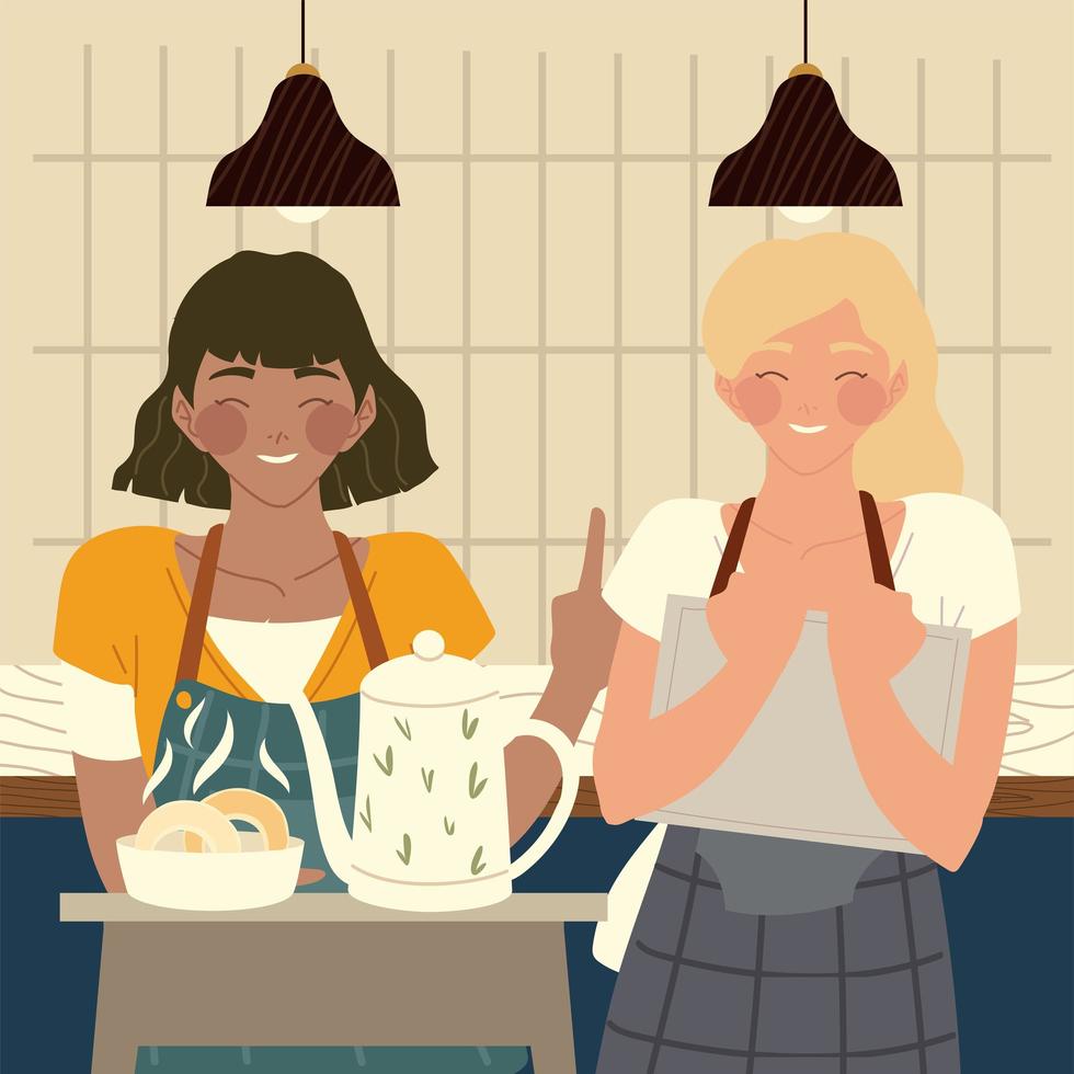 waitresses carrying menu and a tray coffee shop vector