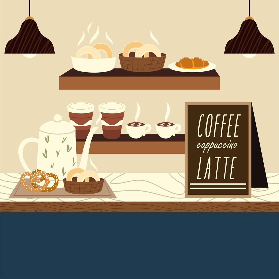 coffee shop sweet bread croissant and hot beverages vector