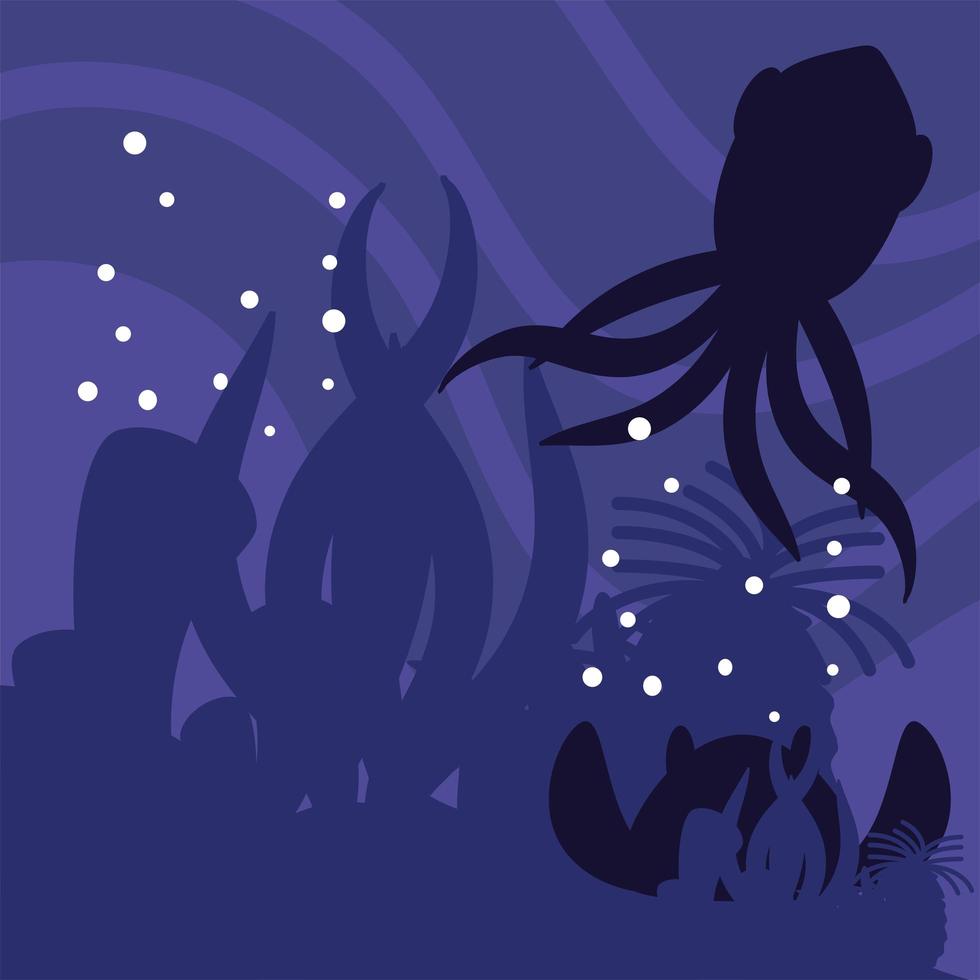underwater world dark silhouette octopus and stingray cartoon vector