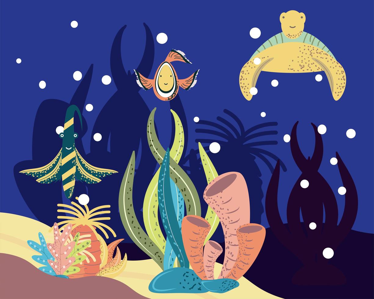 underwater world turtle clown fish coral seaweeds vector