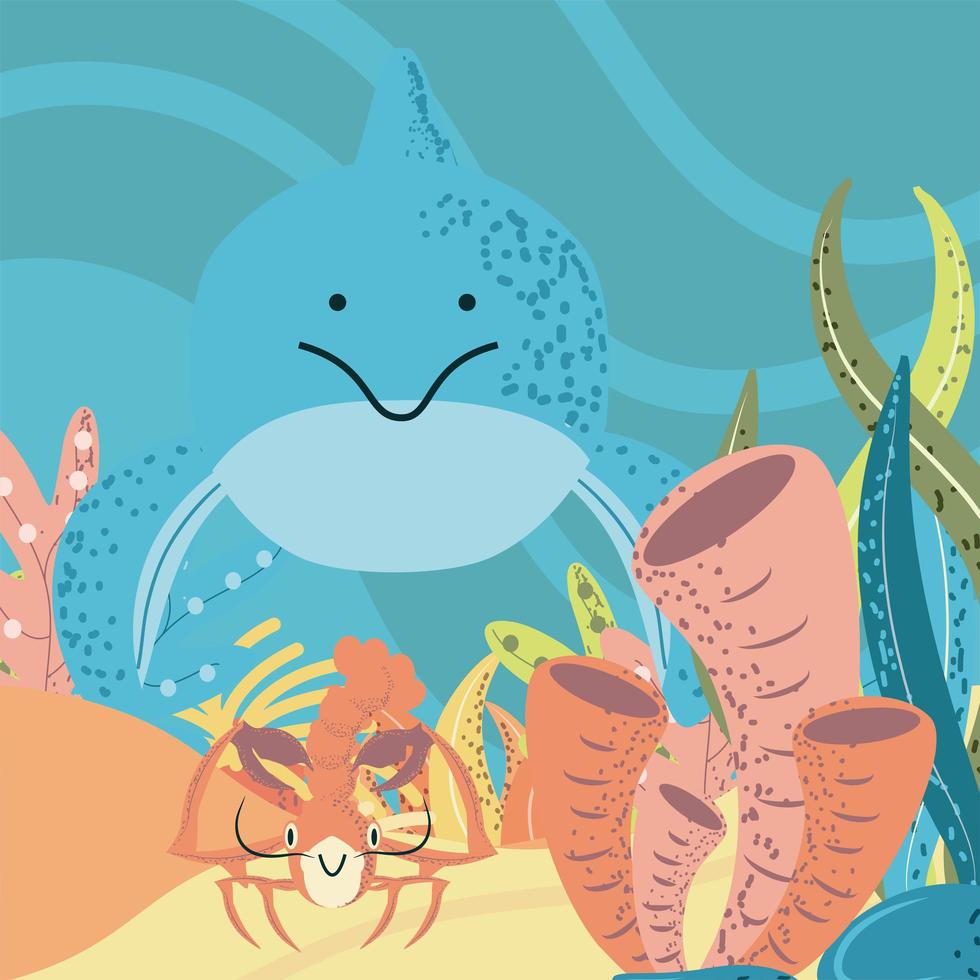 underwater world dolphin and lobster reef seaweed vector