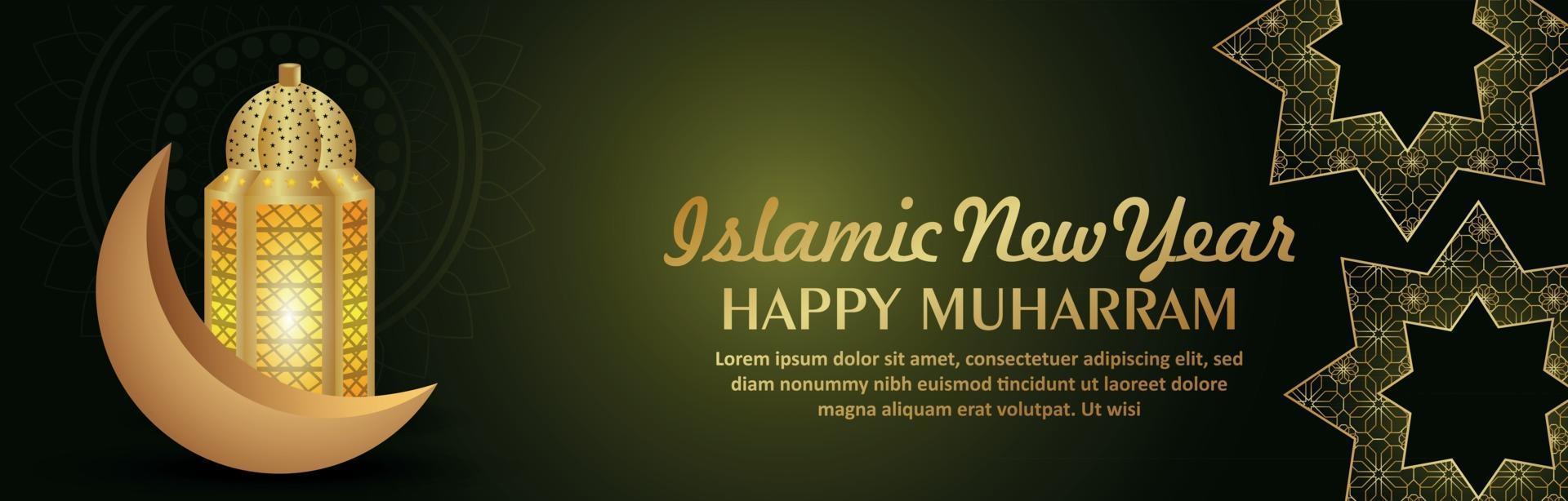 Islamic new year happy muharram celebration banner with islamic golden lantern and moon vector
