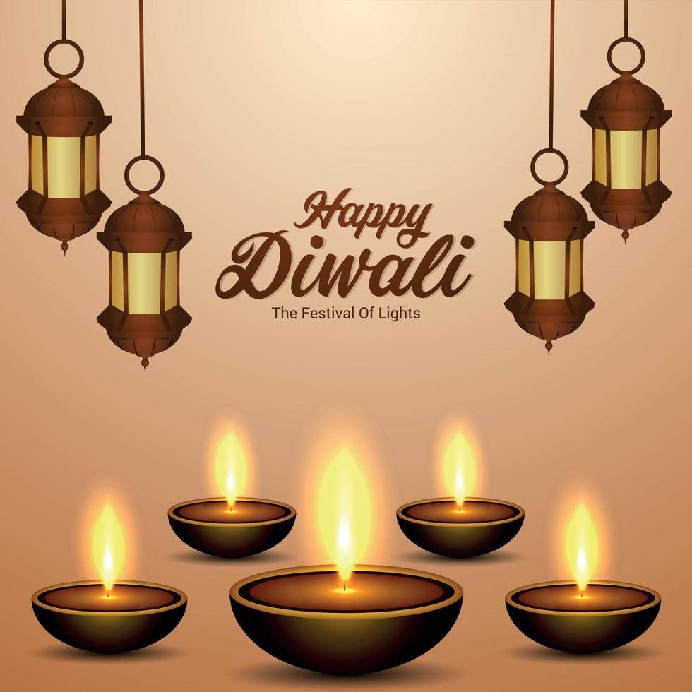 Feliz tarjeta de felicitación de celebración del festival indio de diwali con diwali diya vector