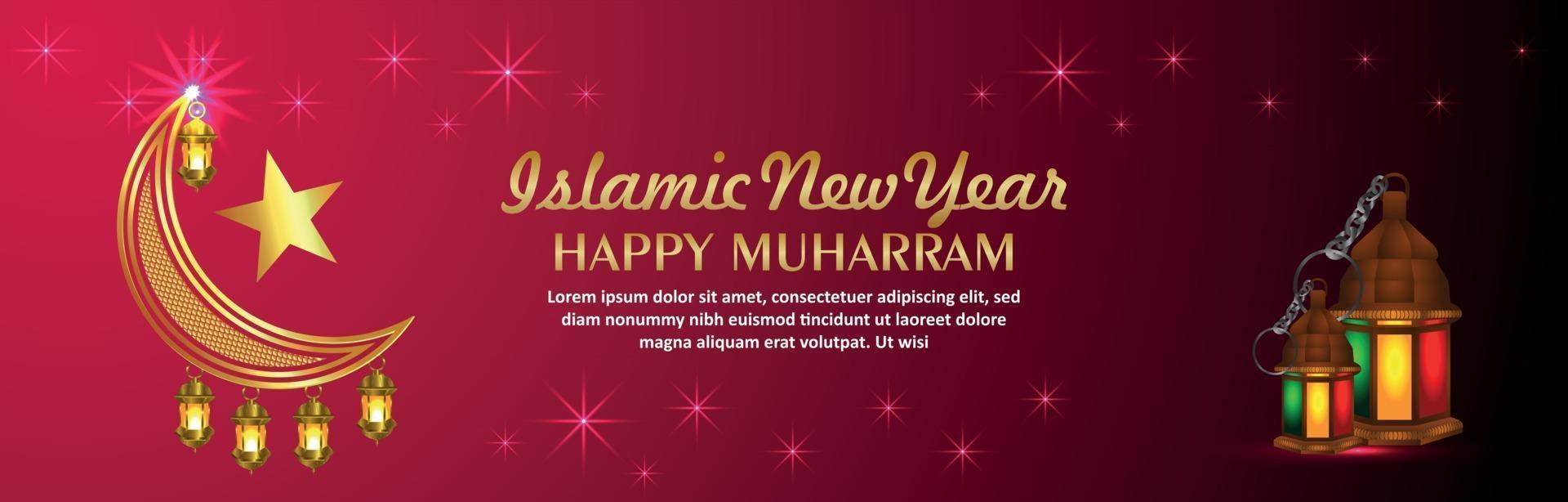 Creative vector illustration of islamic new year celebration banner with golden moon and lantern