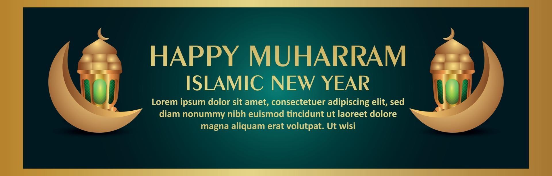 Islamic festival happy muharram celebration banner with golden moon and lantern vector