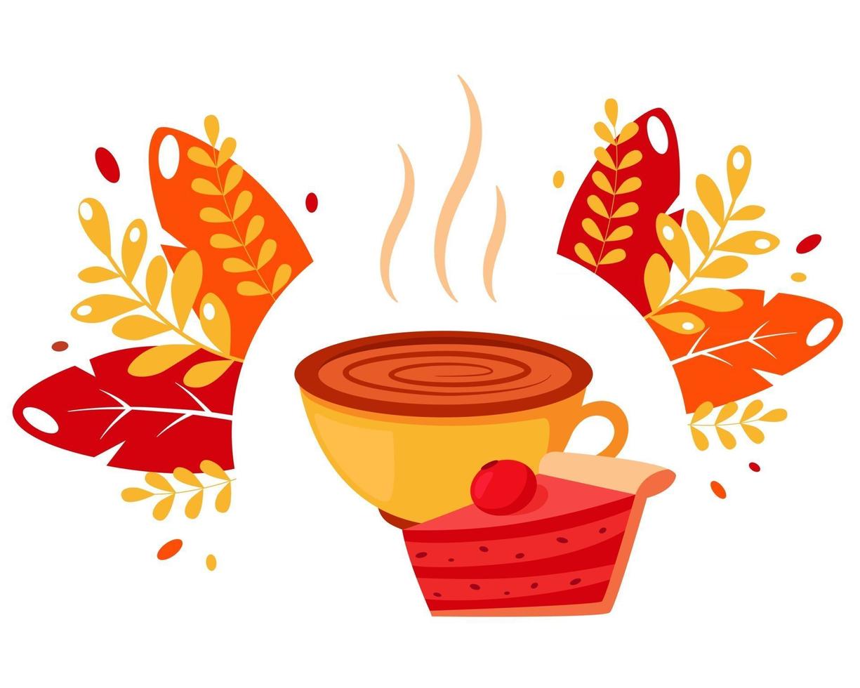 Coffee cup with cherry pie on autumn leaves background vector