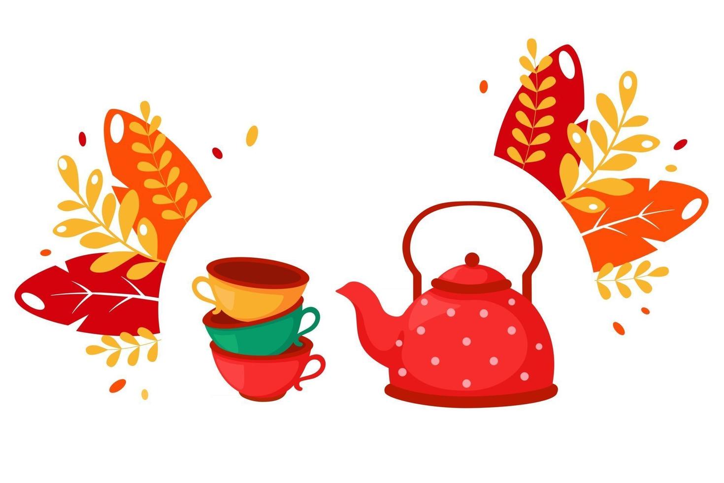 Tazas de colores y juego de platos de tetera, la hora del té y el café vector
