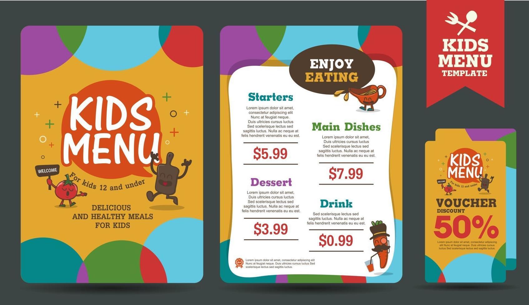 Cute colorful kids meal menu vector template