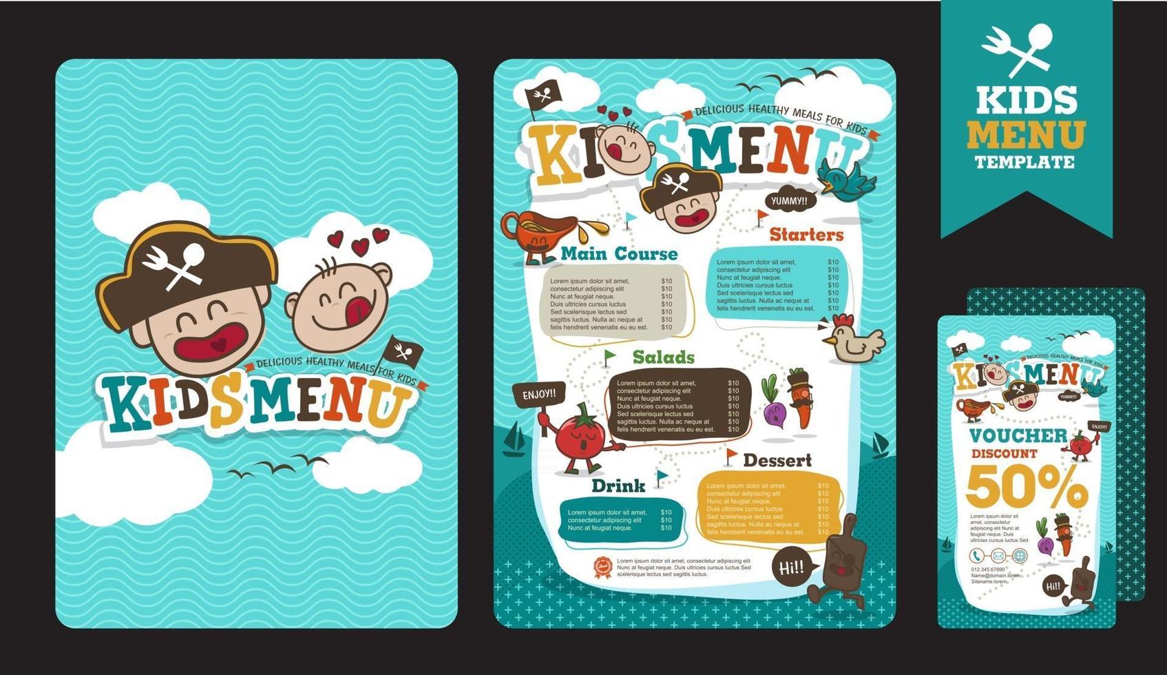 Cute colorful kids meal menu vector template