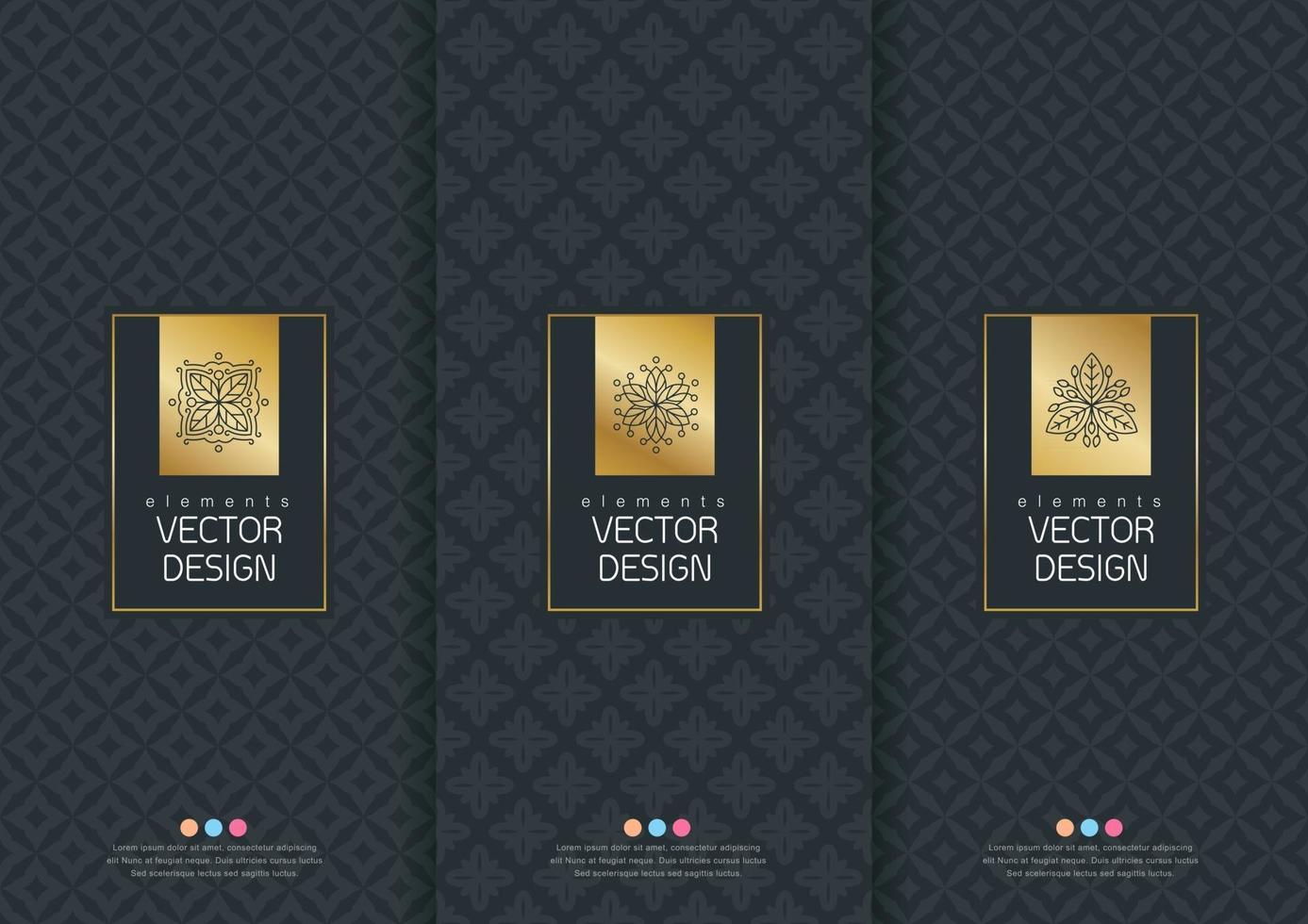 Vector set packaging templates black golden labels and frames for luxury products in trendy linear style