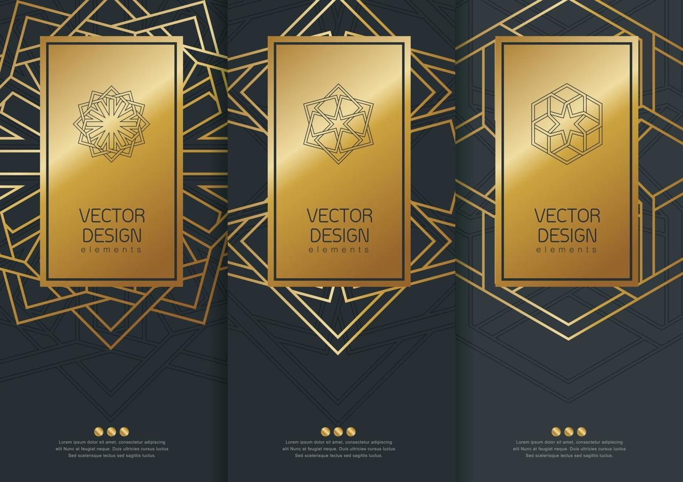 Vector set packaging templates black golden labels and frames for luxury products in trendy linear style