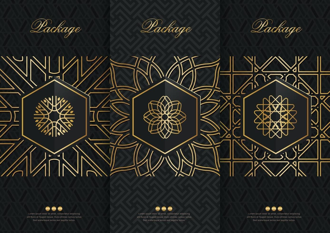 Vector set packaging templates black golden labels and frames for luxury products in trendy linear style