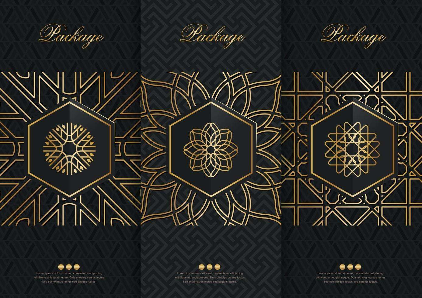 Vector set packaging templates black golden labels and frames for luxury products in trendy linear style