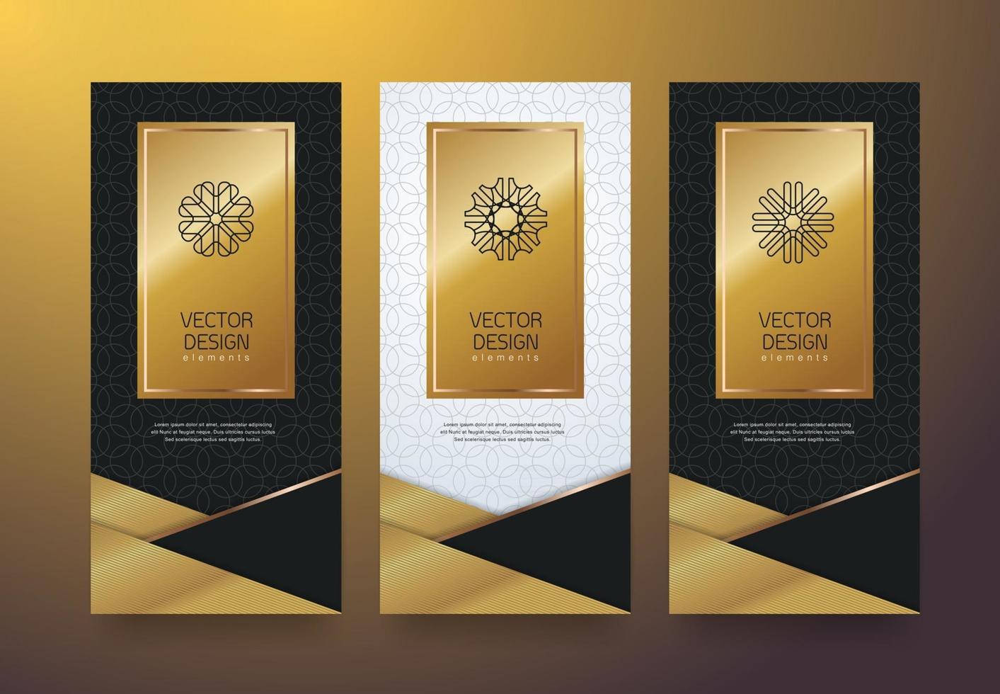 Vector set packaging templates black golden labels and frames for luxury products in trendy linear style