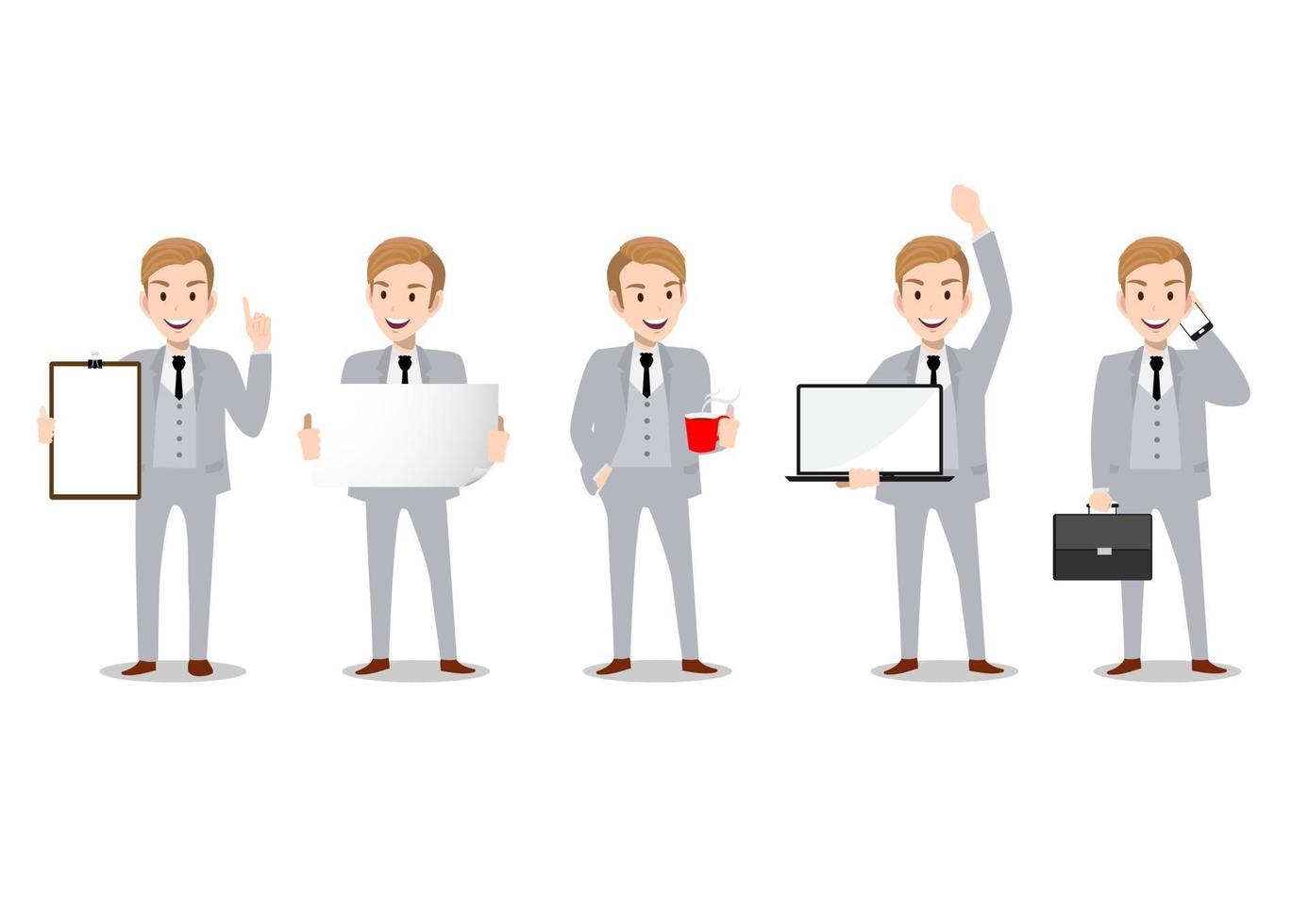 Businessman cartoon character set of five poses vector illustration