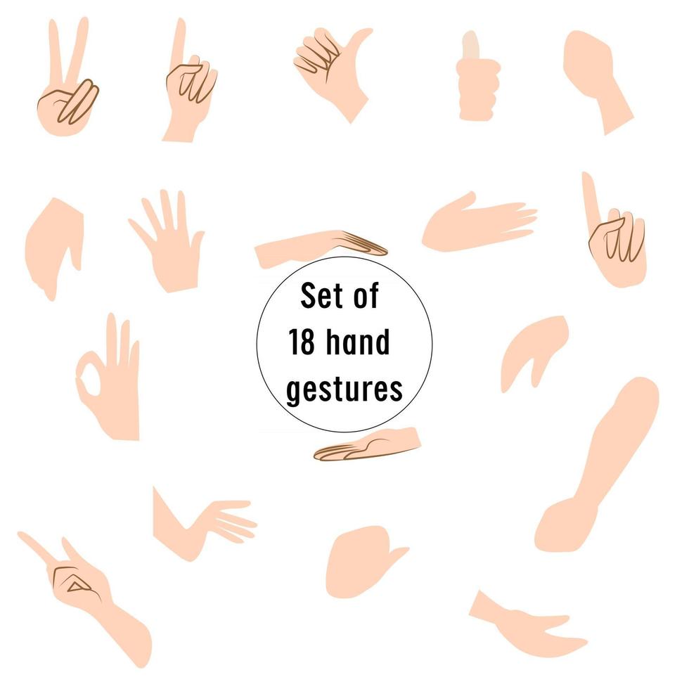 Set of 18 hand gestures  cartoon vector flat style illustration