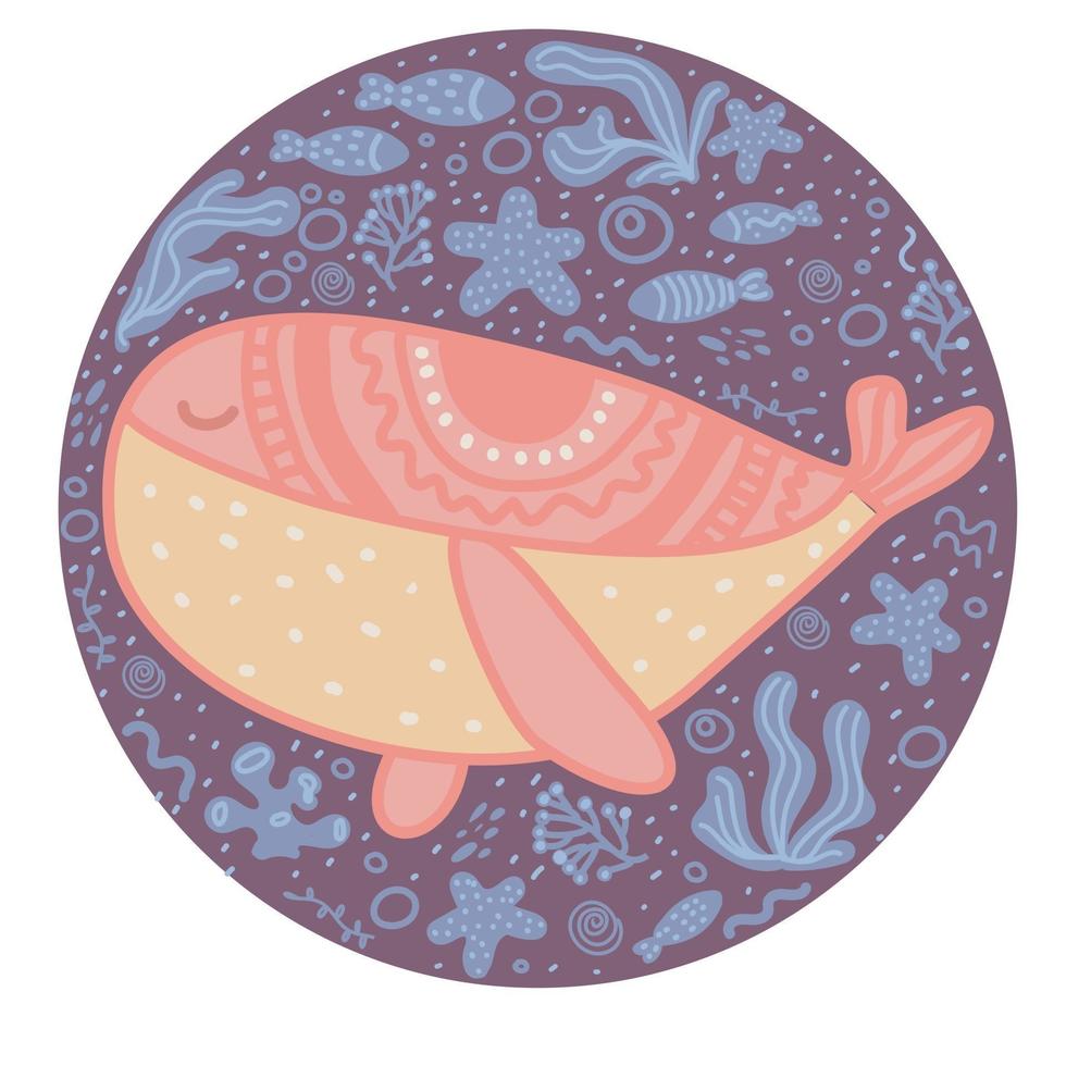 Cute circle nursery poster with whale in scandinavian doodle style ocean animal character Childish print for nursery kids apparel poster postcard scandi style doodle animal vector