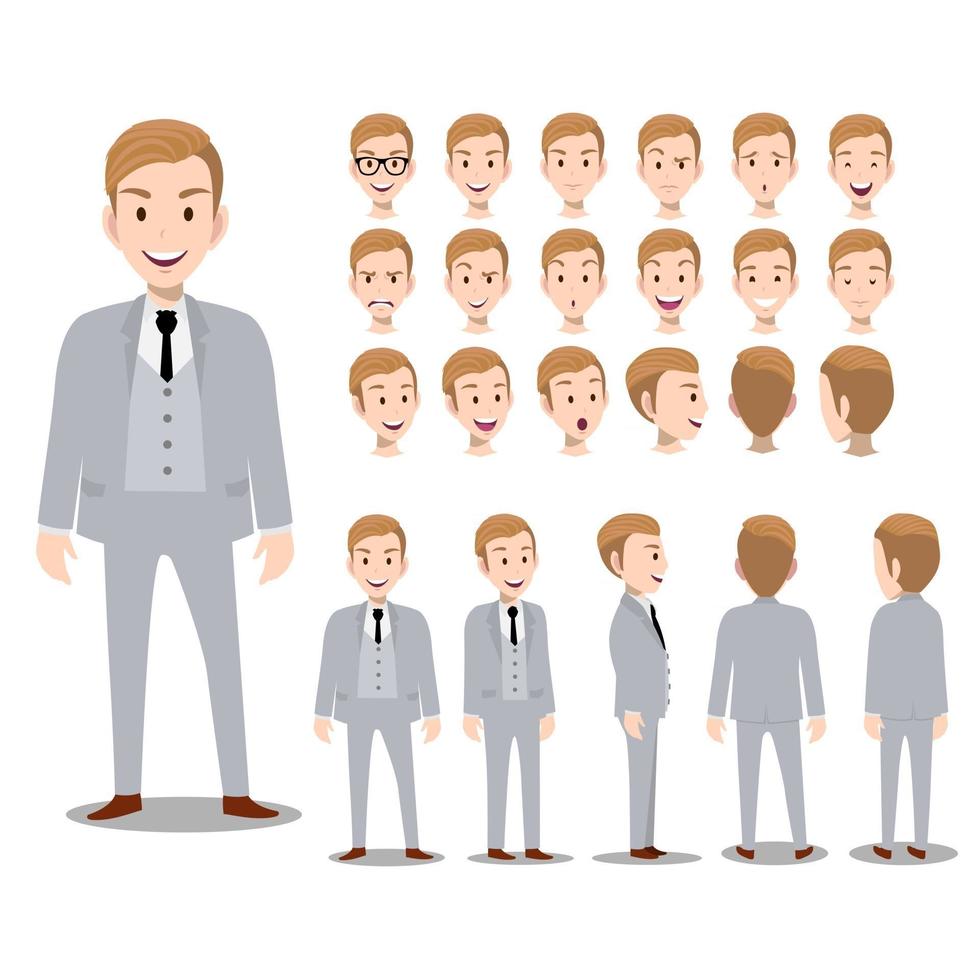 Cartoon character with business man in suit for animation flat vector illustration