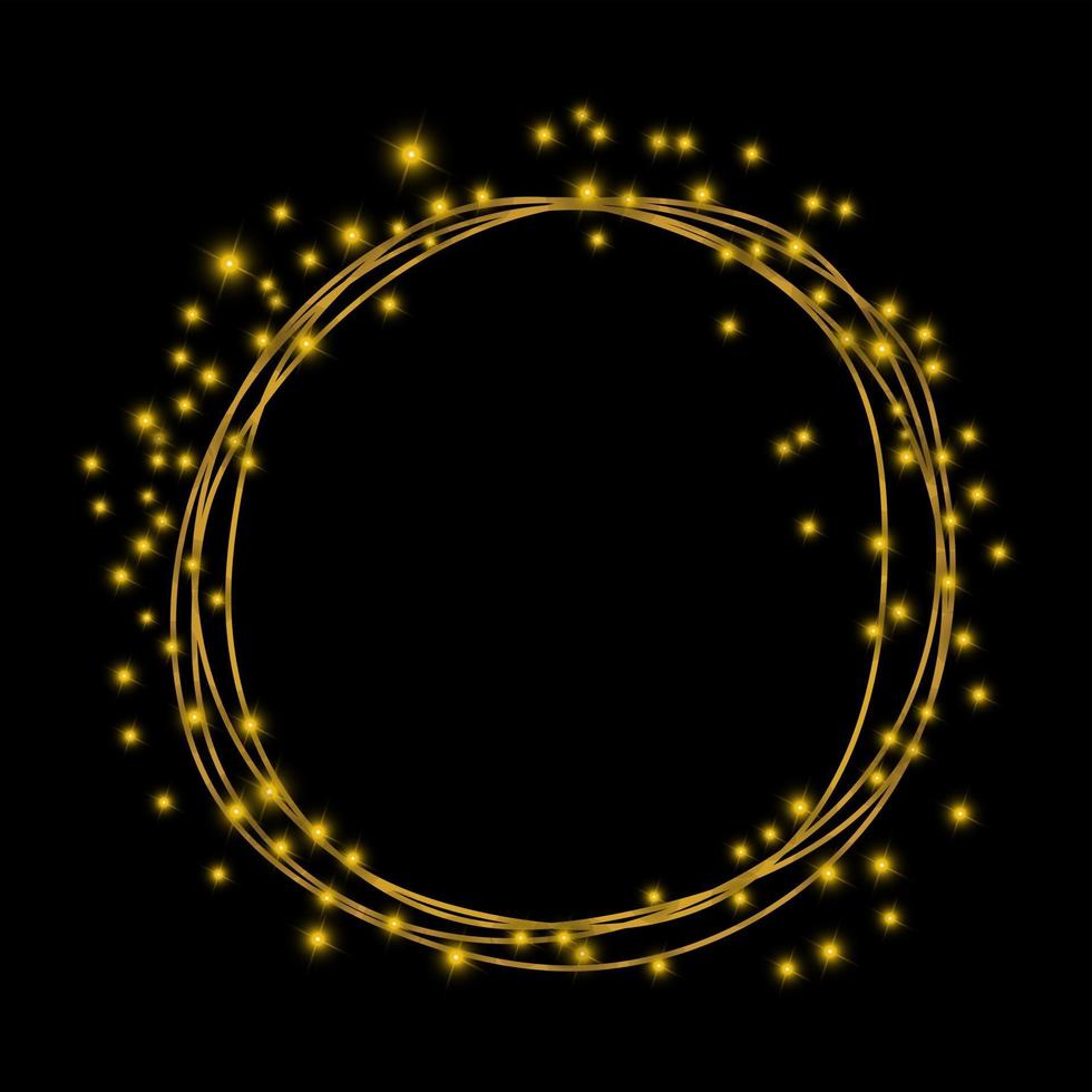 Round gold frame with glowing lights and sparkle bokeh effects isolated on dark background Shining golden glitter rectangle Luxury premium design template vector