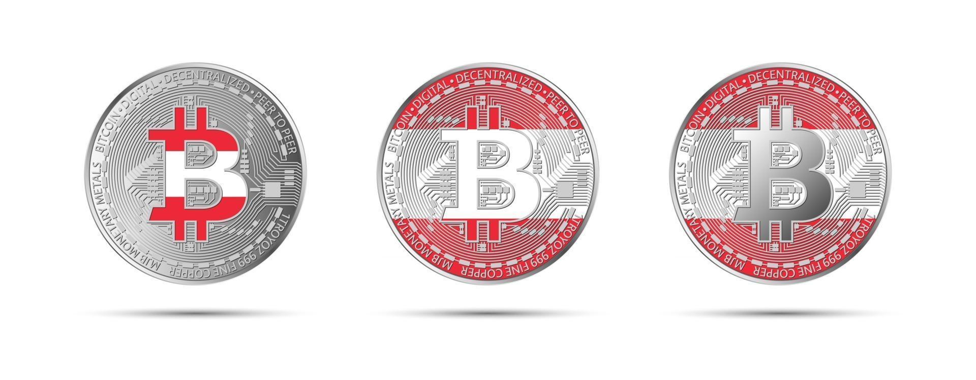 Three Bitcoin crypto coins with the flag of Austria Money of the future Modern cryptocurrency vector illustration