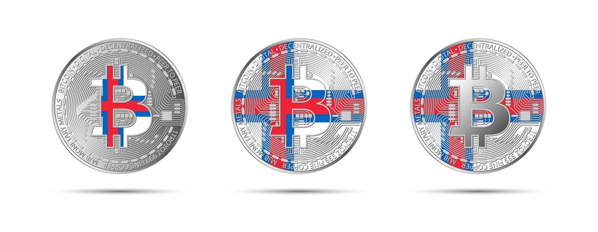 Three Bitcoin crypto coins with the flag of Faroe Islands Money of the future Modern cryptocurrency vector illustration