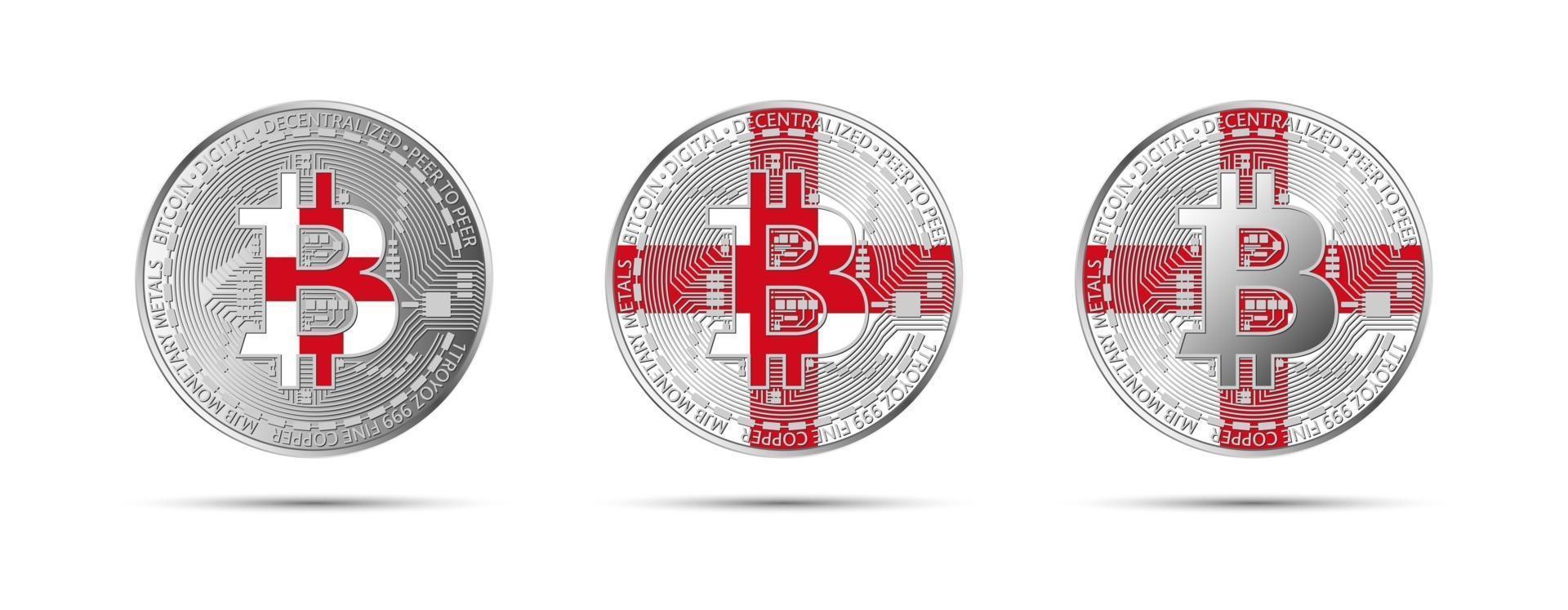 Tres monedas criptográficas bitcoin con la bandera de Inglaterra dinero de la futura ilustración de vector de criptomoneda moderna