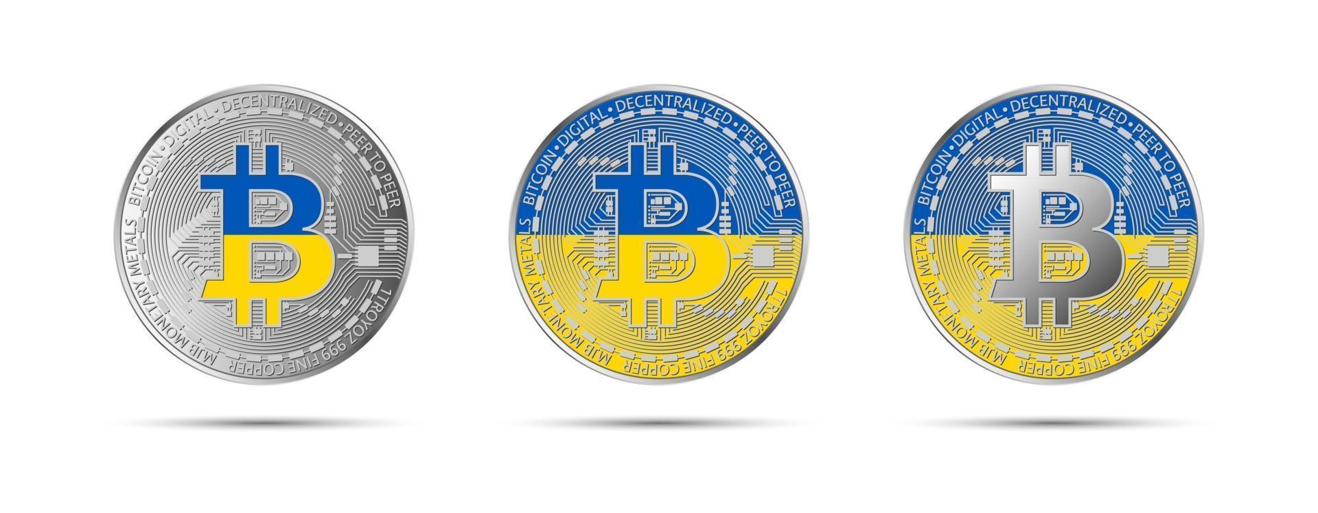 Tres monedas criptográficas bitcoin con la bandera de Ucrania dinero de la futura ilustración de vector de criptomoneda moderna