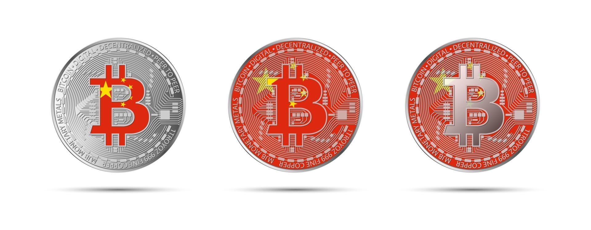 Tres monedas criptográficas bitcoin con la bandera de China dinero de la futura ilustración de vector de criptomoneda moderna