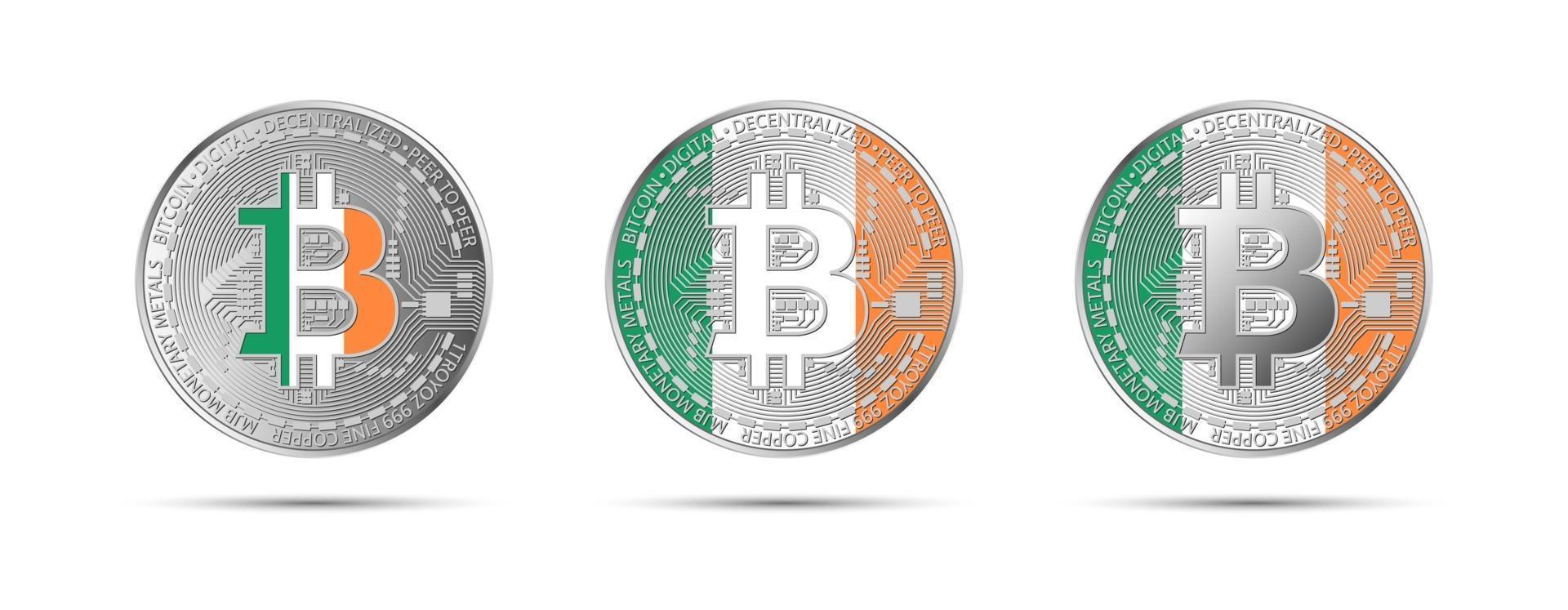 Tres monedas criptográficas bitcoin con la bandera de Irlanda dinero de la futura ilustración de vector de criptomoneda moderna