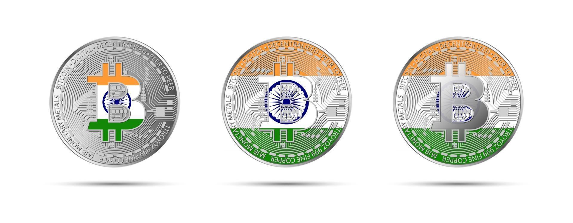 Three Bitcoin crypto coins with the flag of India Money of the future Modern cryptocurrency vector illustration