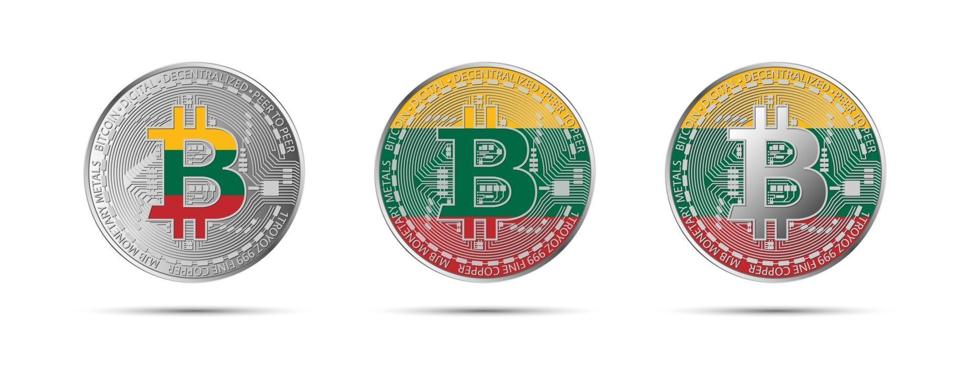 Three Bitcoin crypto coins with the flag of Lithuania Money of the future Modern cryptocurrency vector illustration