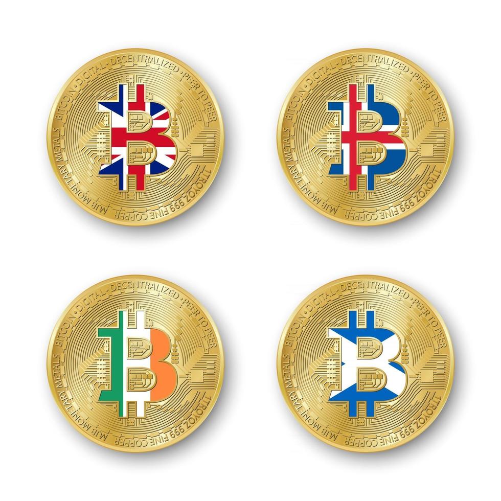 Four golden Bitcoin coins with flags of Britain Iceland Ireland and Scotland Vector cryptocurrency icons isolated on white background Blockchain technology symbol