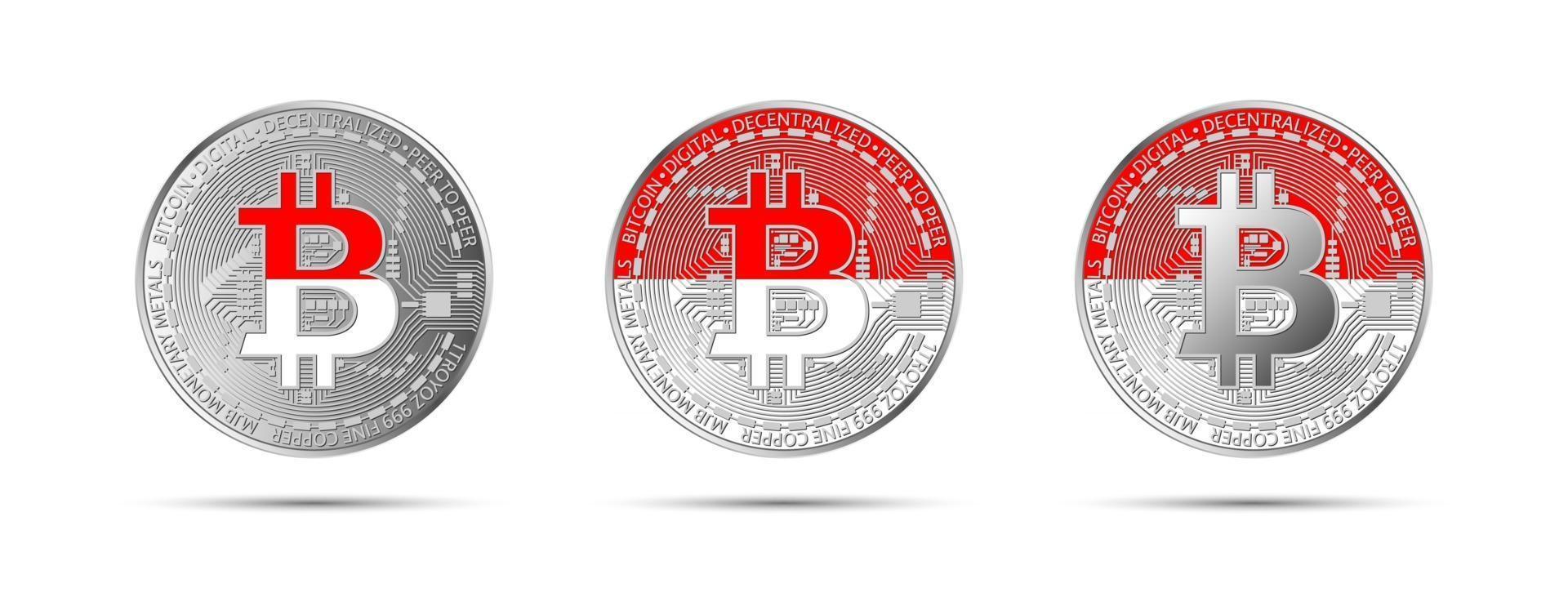 Tres monedas criptográficas bitcoin con la bandera de Indonesia dinero de la futura ilustración de vector de criptomoneda moderna