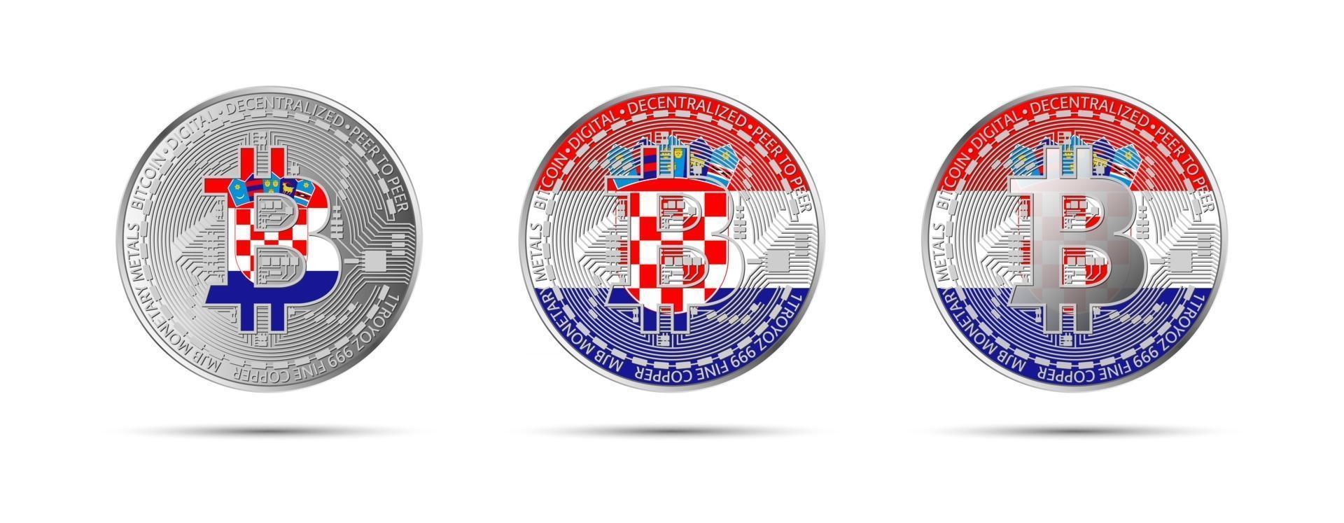 Three Bitcoin crypto coins with the flag of Croatia Money of the future Modern cryptocurrency vector illustration