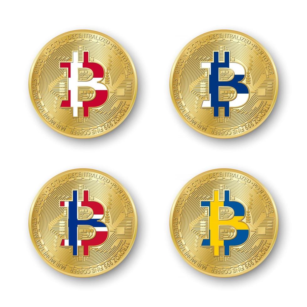 Four golden Bitcoin coins with flags of Denmark Finland Norway and Sweden Vector cryptocurrency icons isolated on white background Blockchain technology symbol