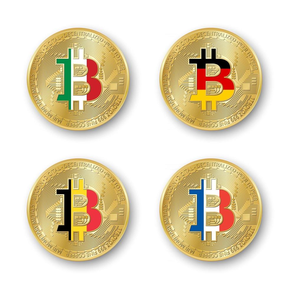 Four golden Bitcoin coins with flags of Italy Germany Belgium and France Vector cryptocurrency icons isolated on white background Blockchain technology symbol