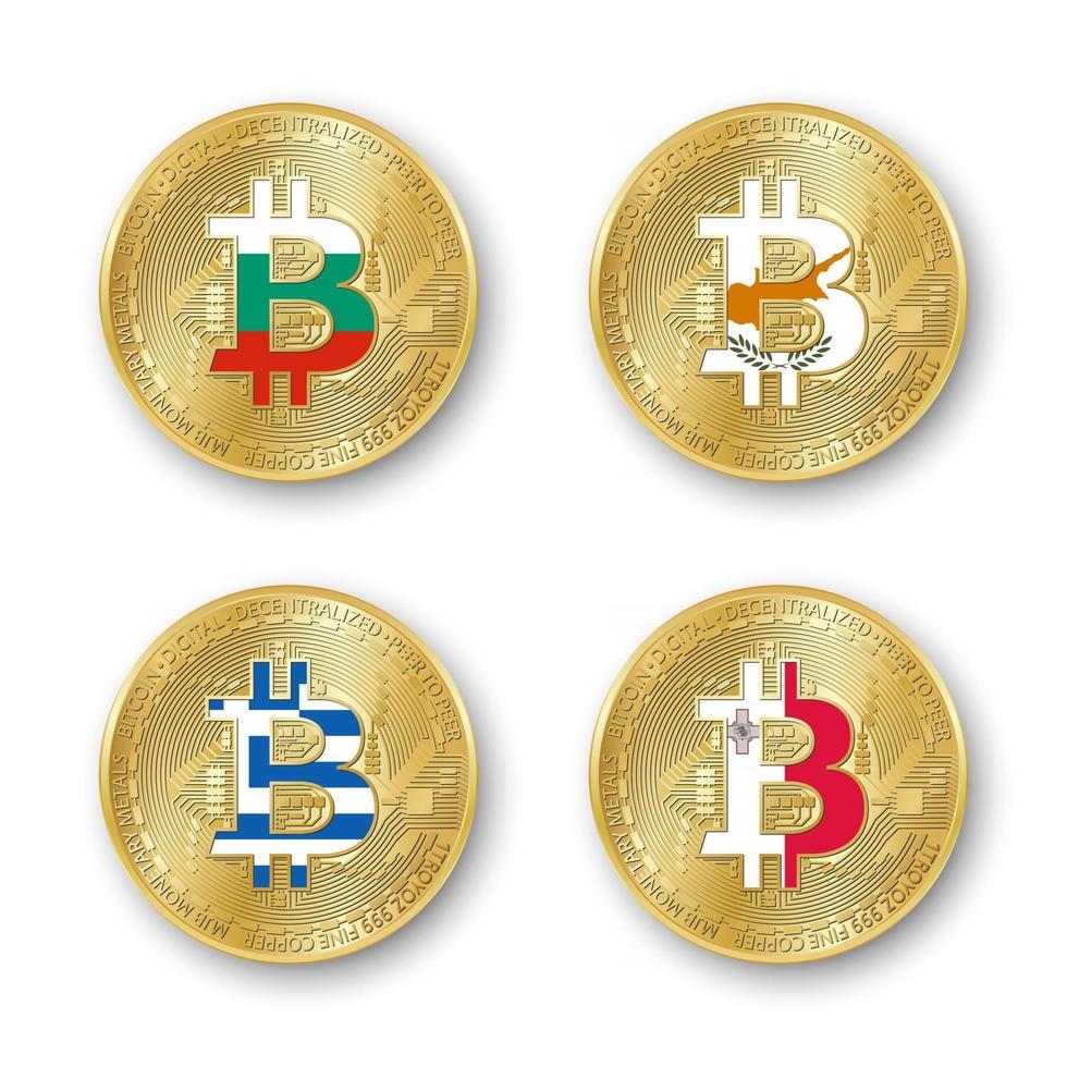 Four golden Bitcoin coins with flags of Bulgaria Cyprus Greece and Malta Vector cryptocurrency icons isolated on white background Blockchain technology symbol